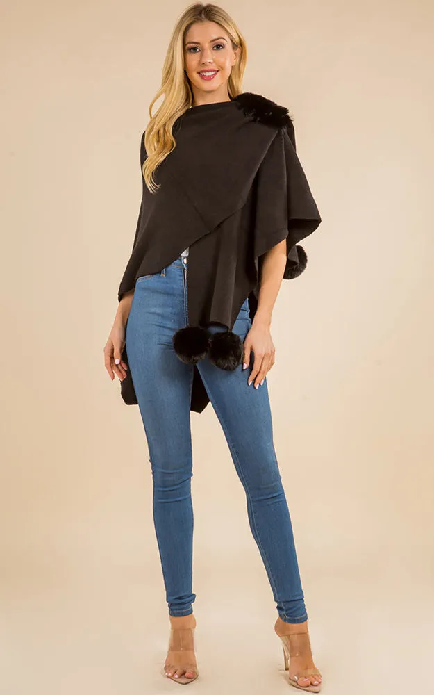 SH4224 Solid Color Fur Shawl with PomPom & Loop