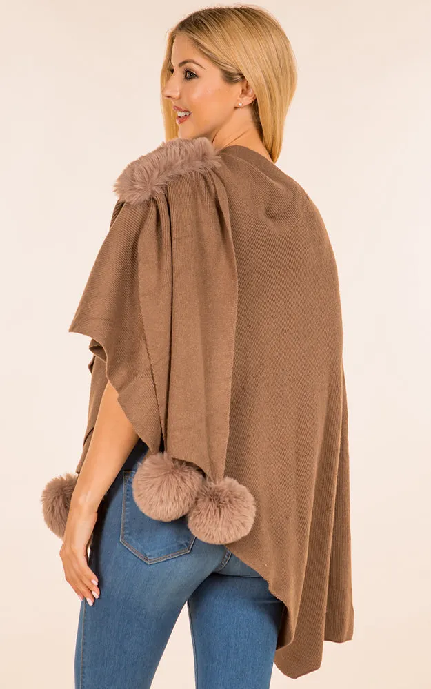 SH4224 Solid Color Fur Shawl with PomPom & Loop