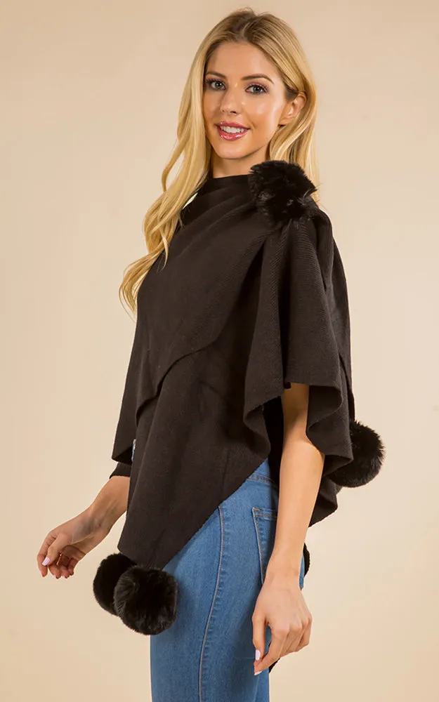 SH4224 Solid Color Fur Shawl with PomPom & Loop
