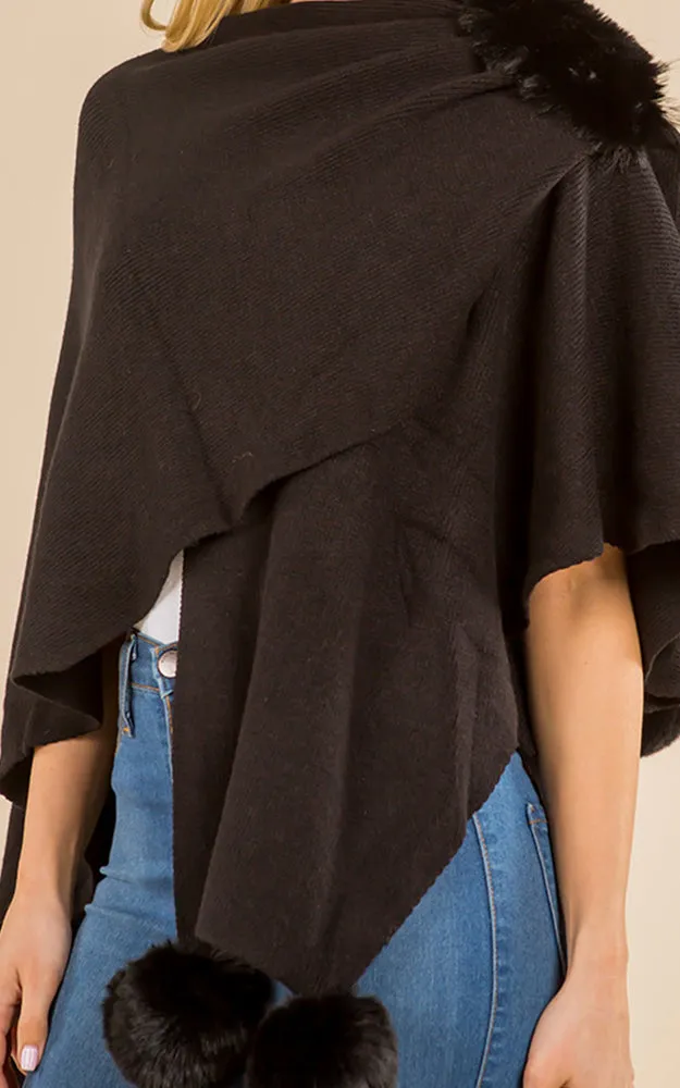 SH4224 Solid Color Fur Shawl with PomPom & Loop