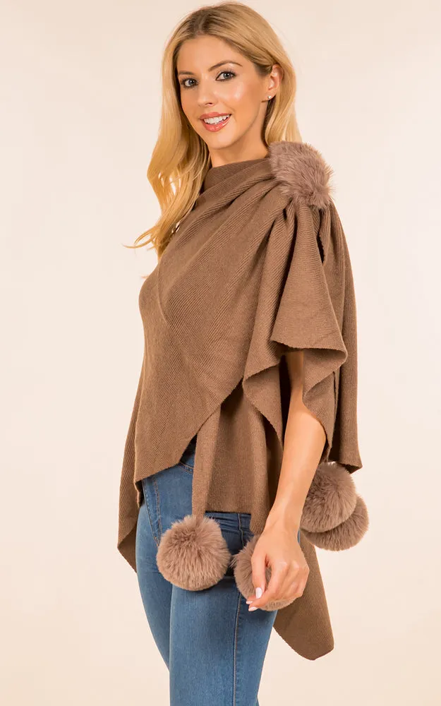 SH4224 Solid Color Fur Shawl with PomPom & Loop