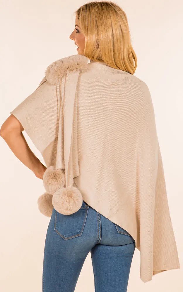 SH4224 Solid Color Fur Shawl with PomPom & Loop