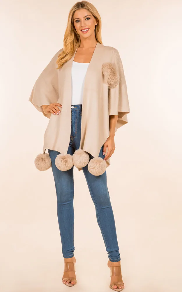 SH4224 Solid Color Fur Shawl with PomPom & Loop