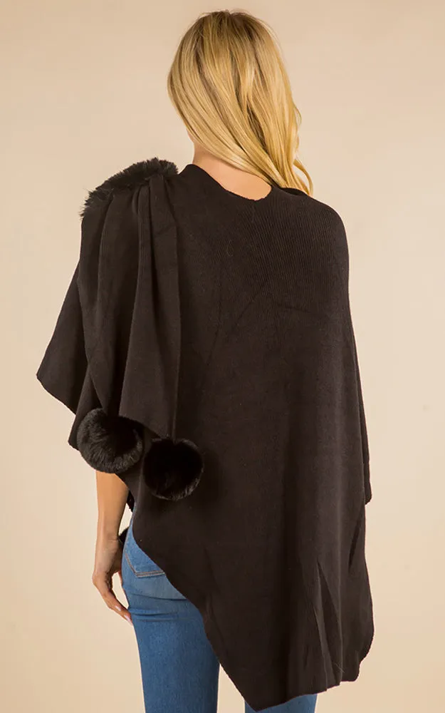 SH4224 Solid Color Fur Shawl with PomPom & Loop