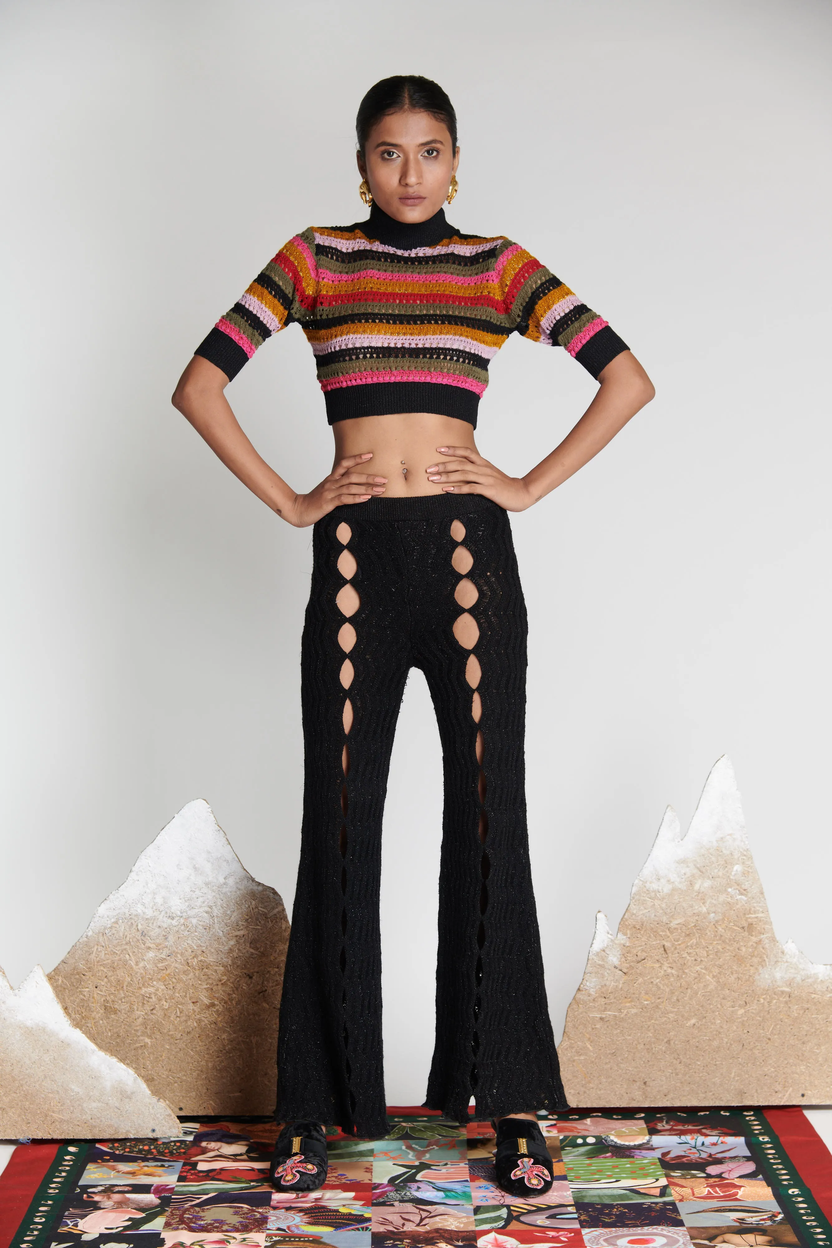 Spiral Chevron Woollen Knit Flared Pants