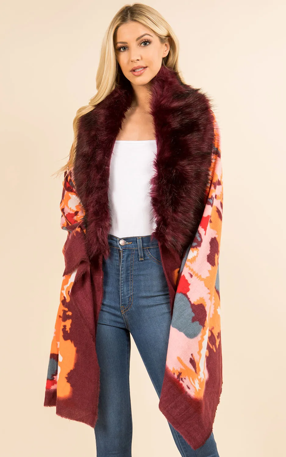 WA3761 Printed Faux Fur Trim Ruana Shawl
