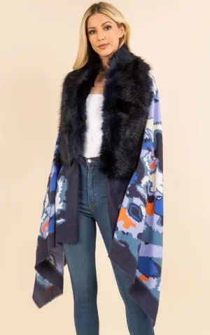 WA3761 Printed Faux Fur Trim Ruana Shawl