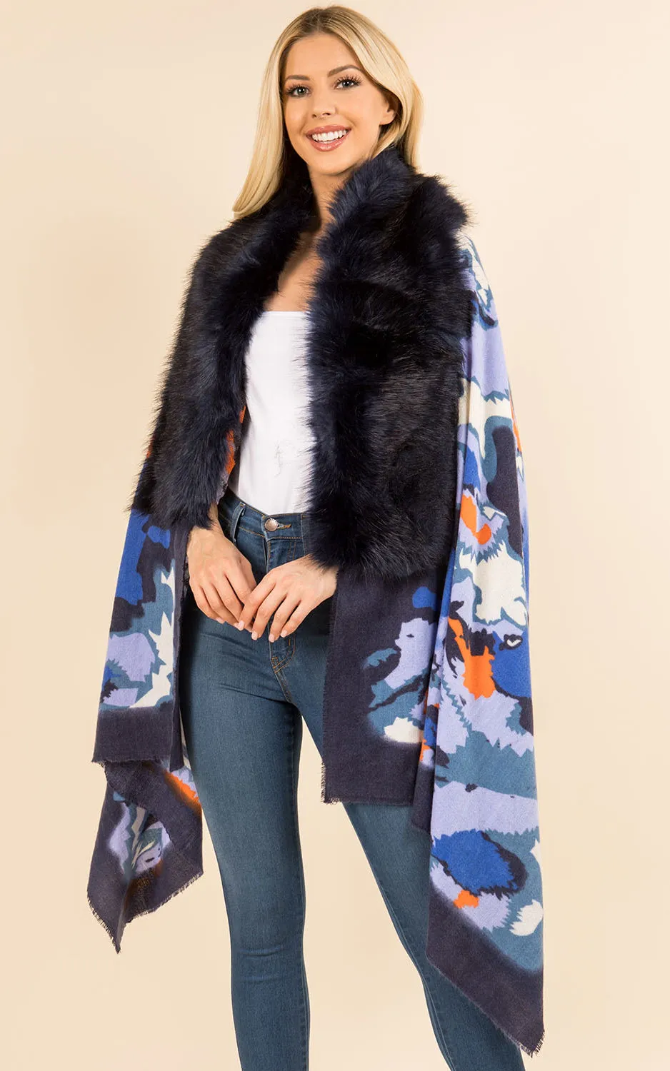 WA3761 Printed Faux Fur Trim Ruana Shawl