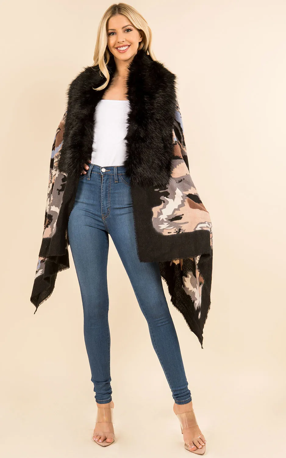WA3761 Printed Faux Fur Trim Ruana Shawl