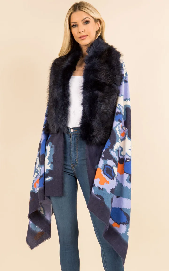 WA3761 Printed Faux Fur Trim Ruana Shawl