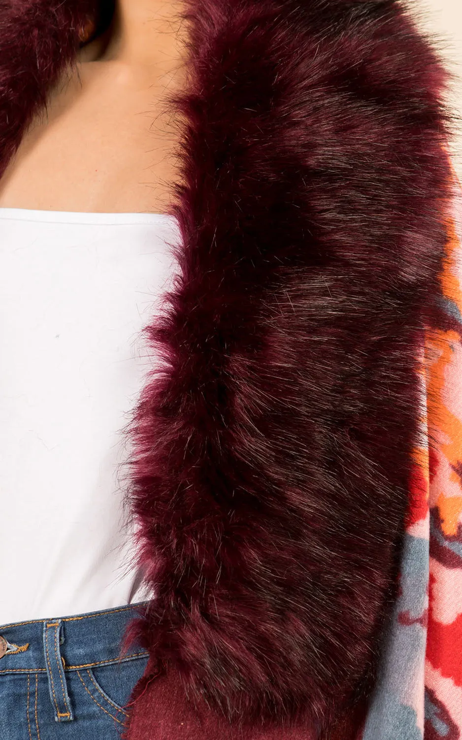 WA3761 Printed Faux Fur Trim Ruana Shawl