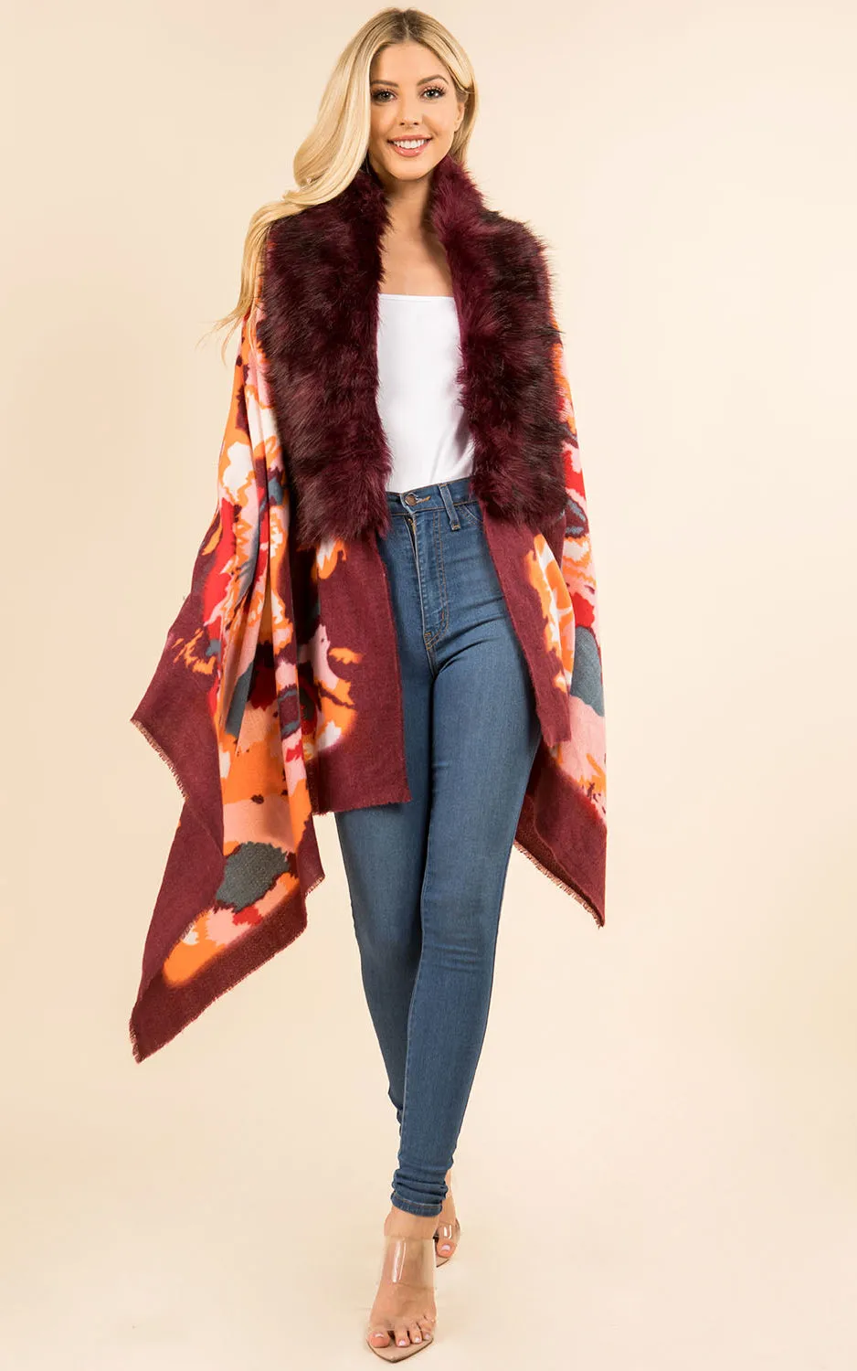 WA3761 Printed Faux Fur Trim Ruana Shawl