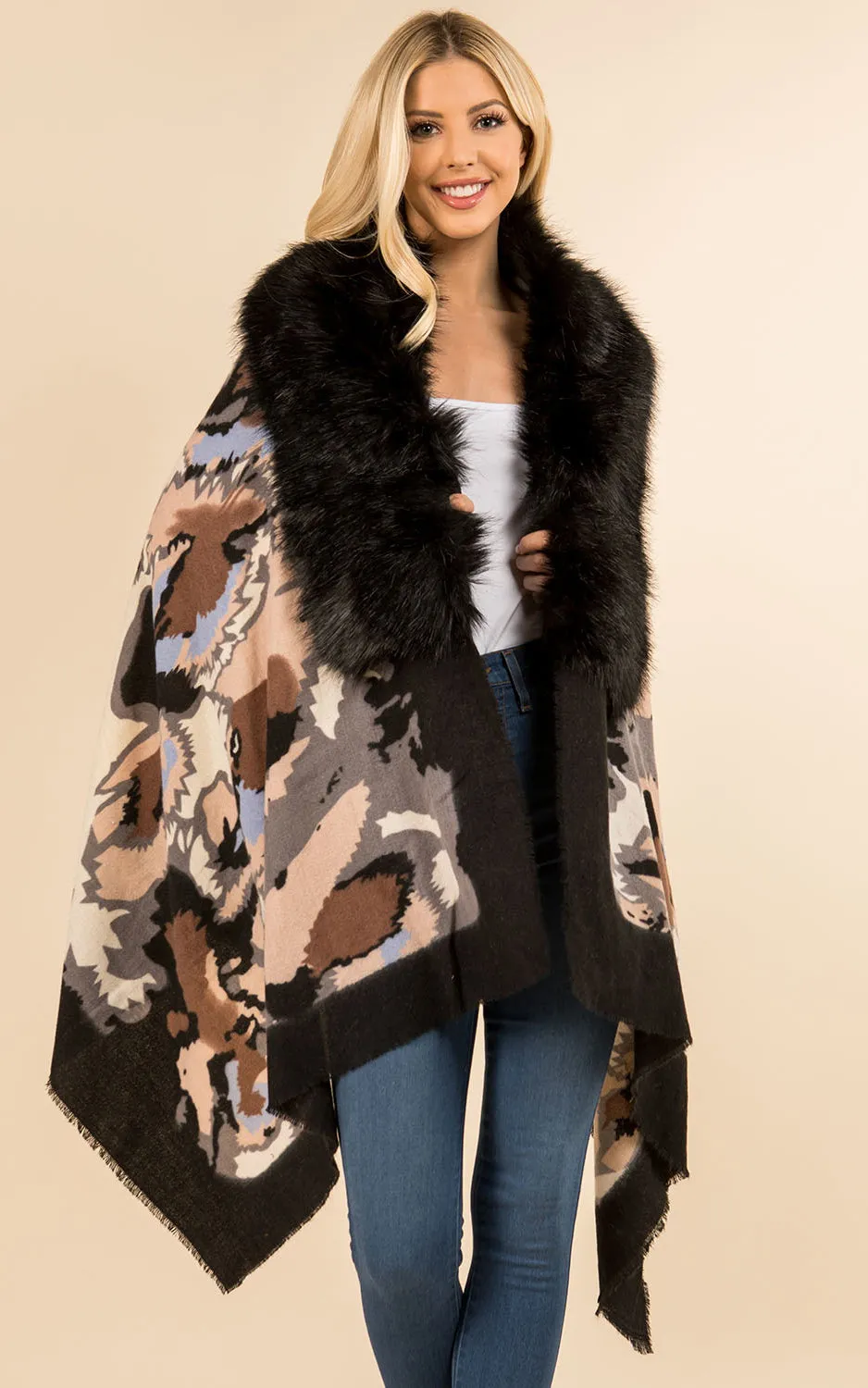 WA3761 Printed Faux Fur Trim Ruana Shawl