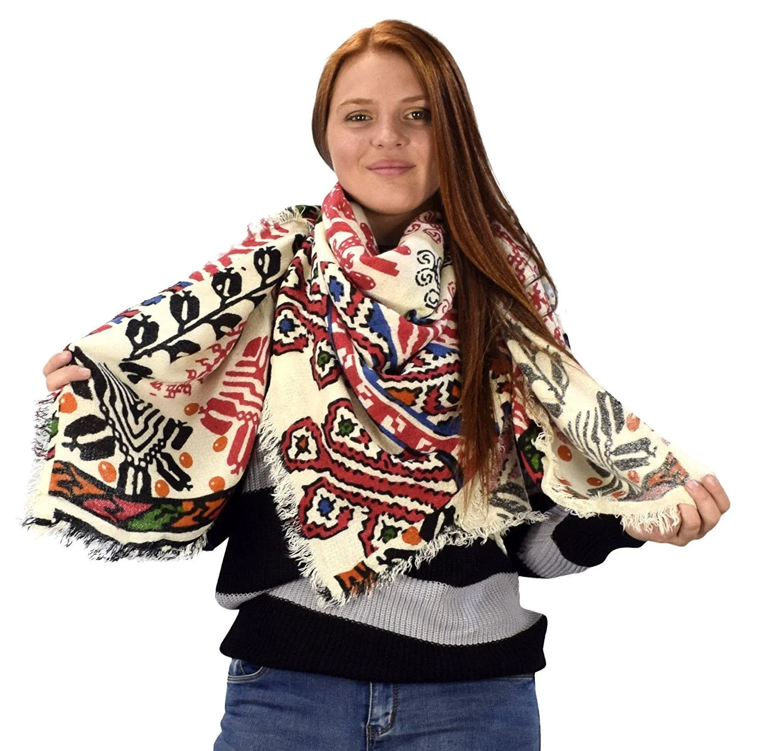 Warm Woven Oversized Tartan Plaid Blanket Scarf Shawl Tan Red Blue