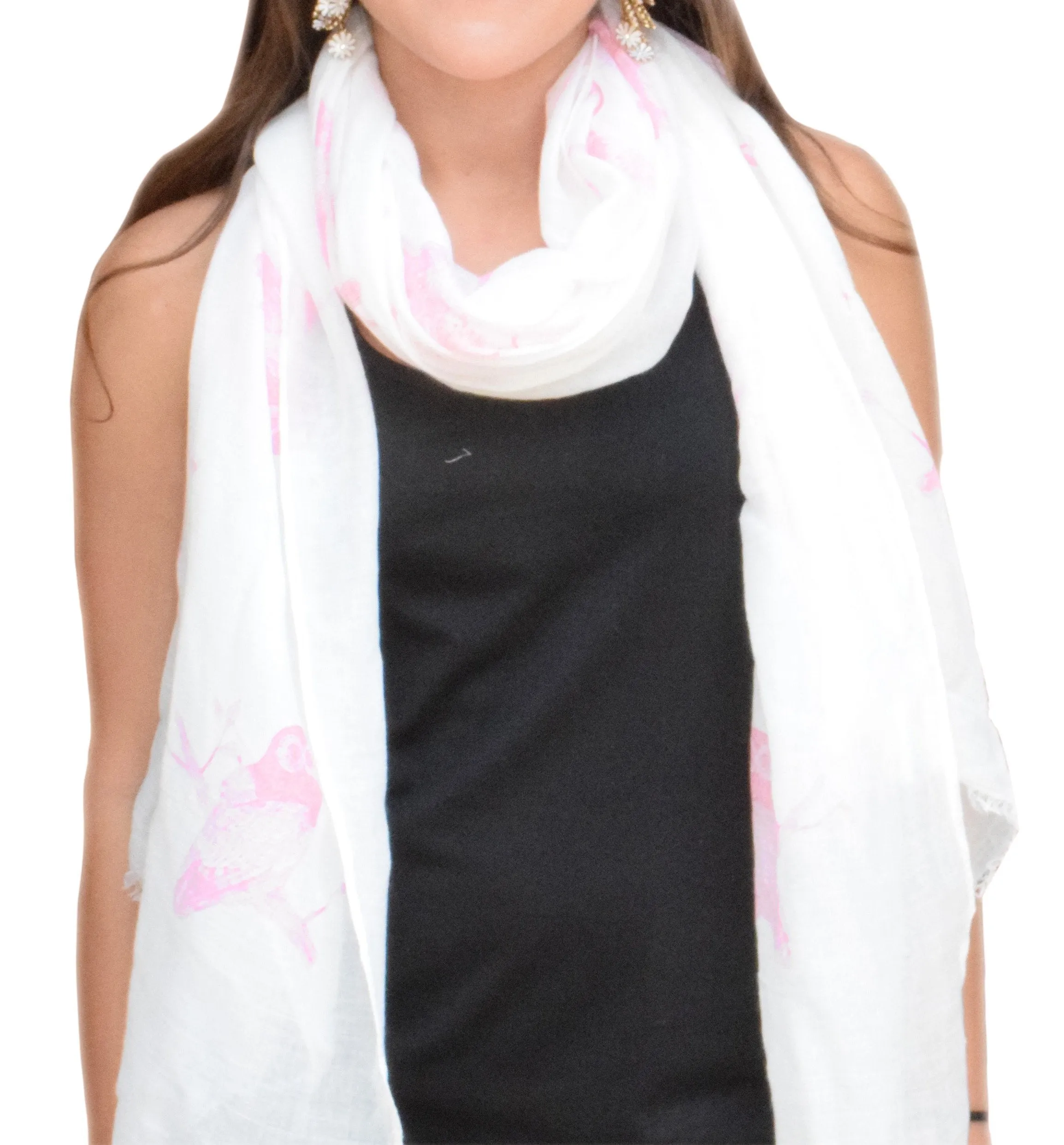 White Pink Lightweight Graphic Animal Owl Print Summer Fringe Scarf