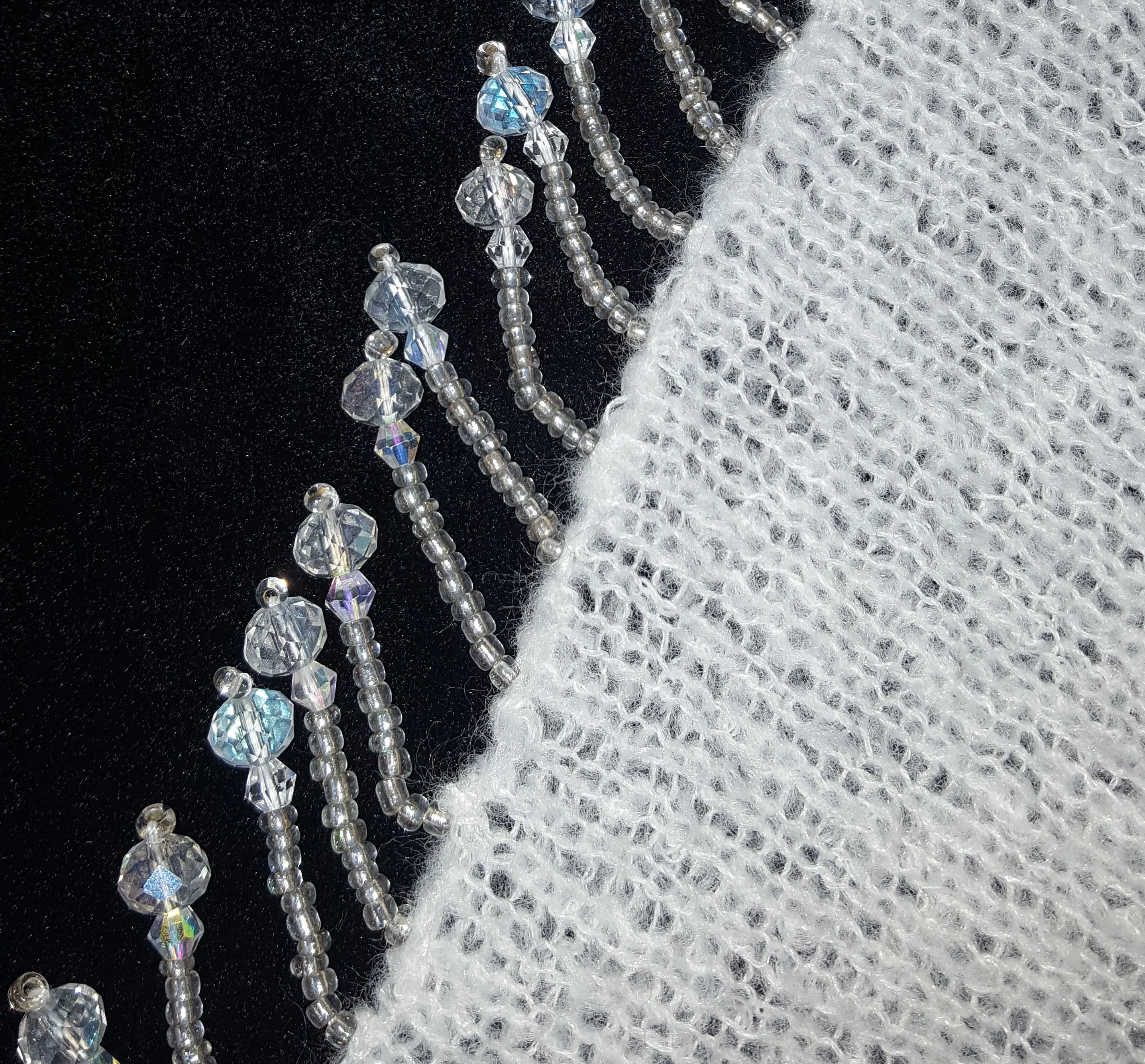 Winter White, fluffy boucle yarn, soft light wedding shawl, crystal beaded fringe
