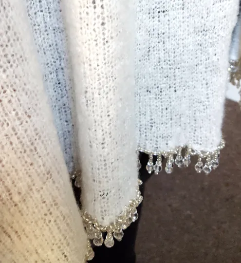 Winter White, fluffy boucle yarn, soft light wedding shawl, crystal beaded fringe