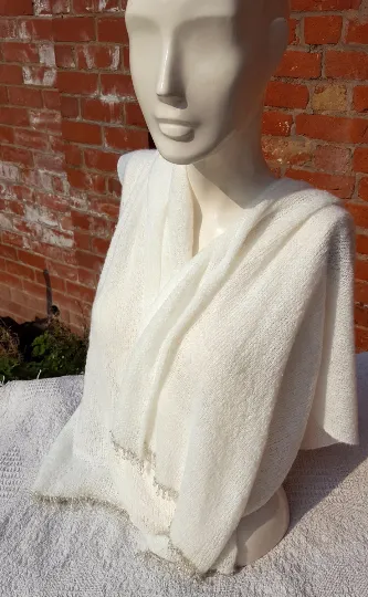 Winter White, fluffy boucle yarn, soft light wedding shawl, crystal beaded fringe