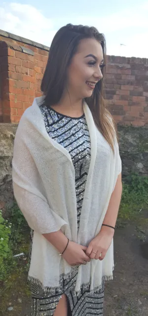 Winter White, fluffy boucle yarn, soft light wedding shawl, crystal beaded fringe