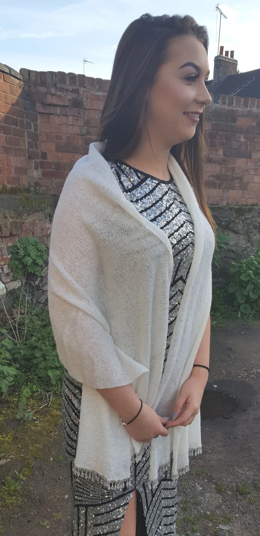 Winter White, fluffy boucle yarn, soft light wedding shawl, crystal beaded fringe