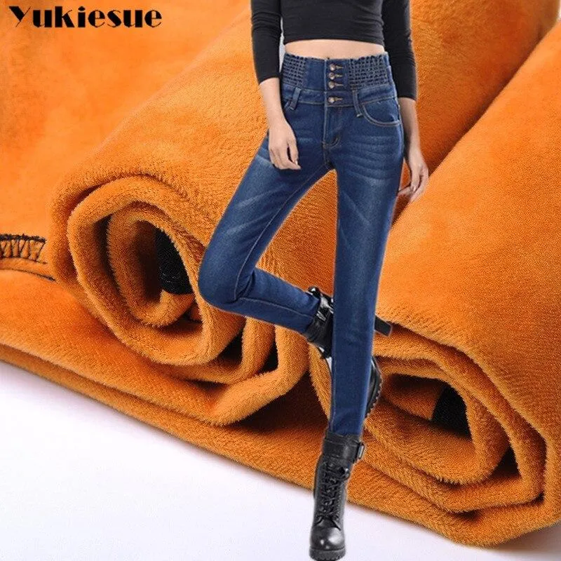 Women Elastic High Waist Skinny Fleece Lined Jegging Jeans.
