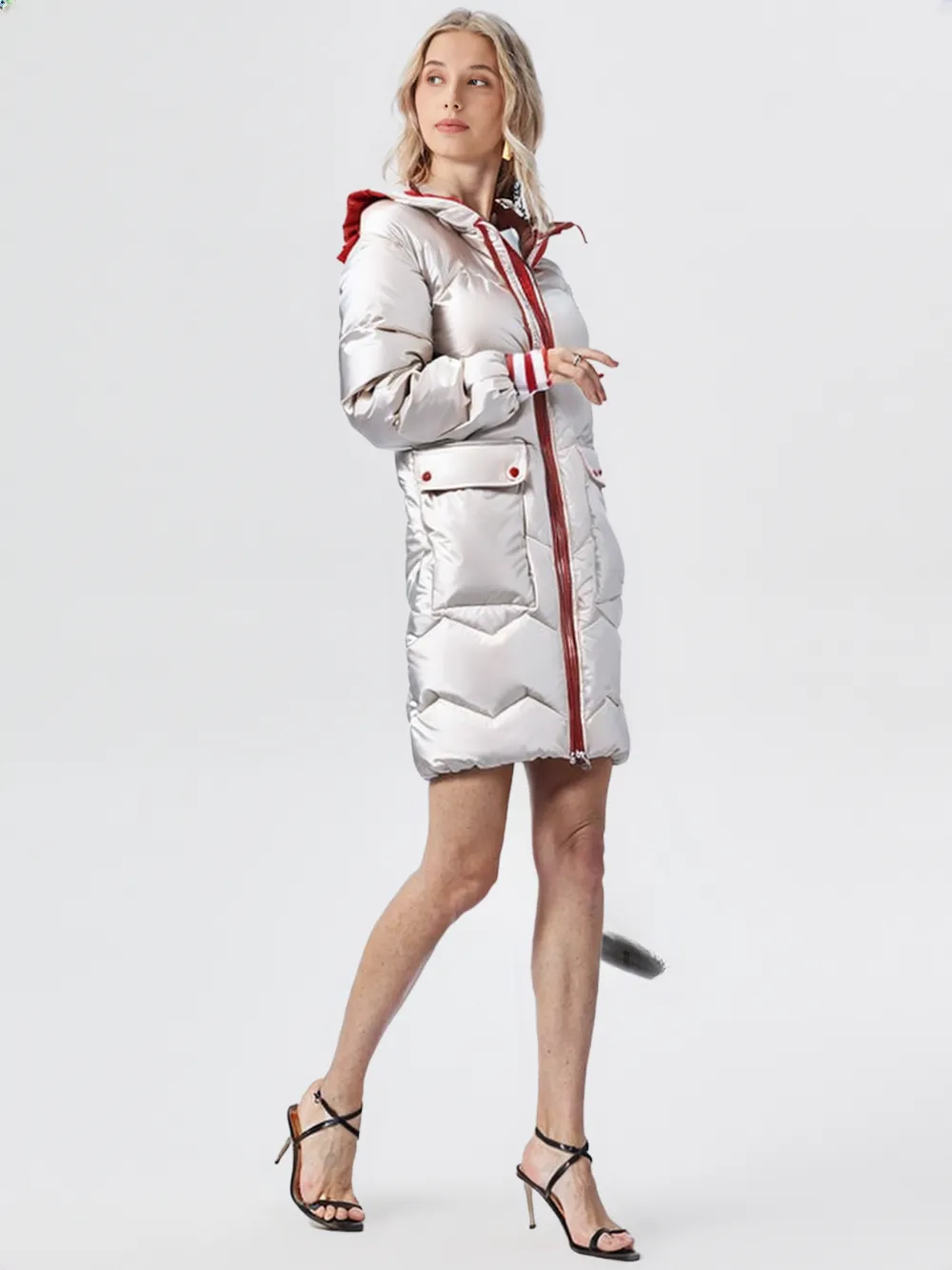 WPJ25004 PU Women's Quilted Long Warm Jacket with Padded Foam