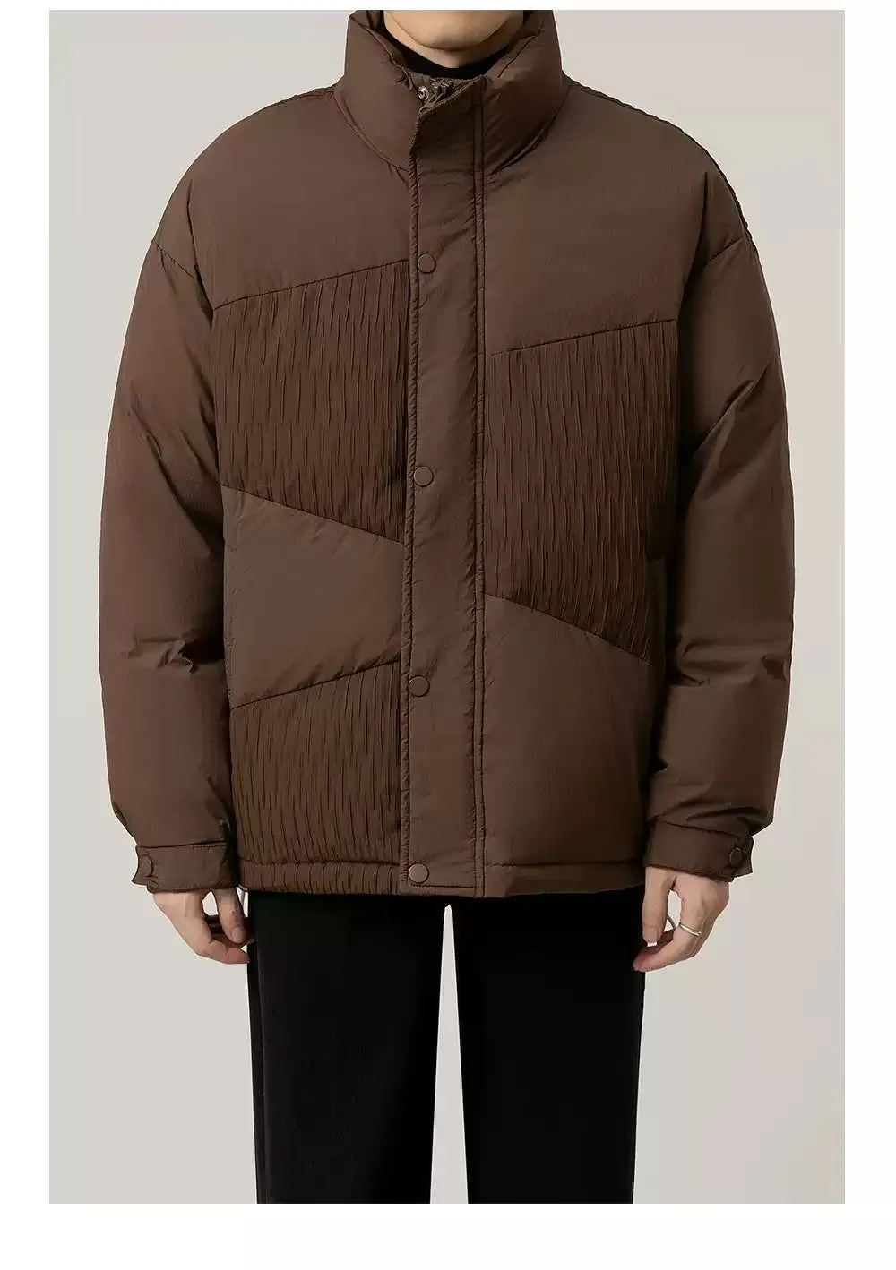 Zhou Stand Collar Textured Contrast Down Jacket
