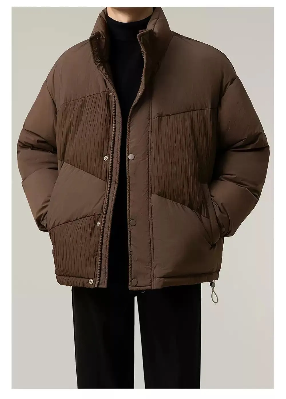 Zhou Stand Collar Textured Contrast Down Jacket