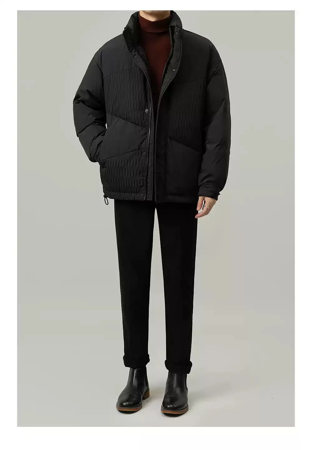 Zhou Stand Collar Textured Contrast Down Jacket